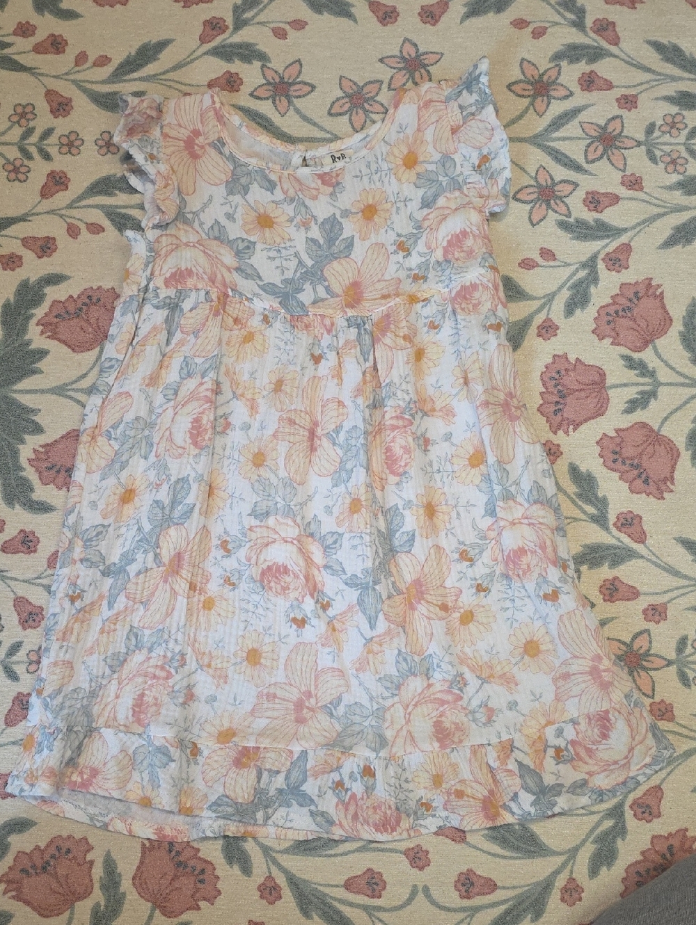 Girls' Floral Flutter-Sleeve Dress - White with Pink & Yellow Flowers